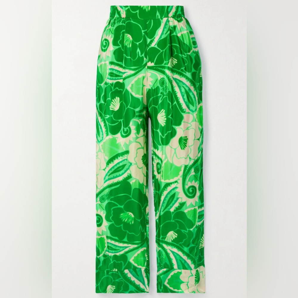 FARM Rio NWT Green Tropical Groove Printed Satin Straight-leg Trousers Size XS